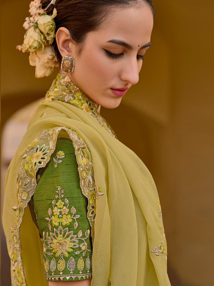 Radiant Yellow Sequin Saree in Tissue Silk with Olive Green Blouse - VJV Now