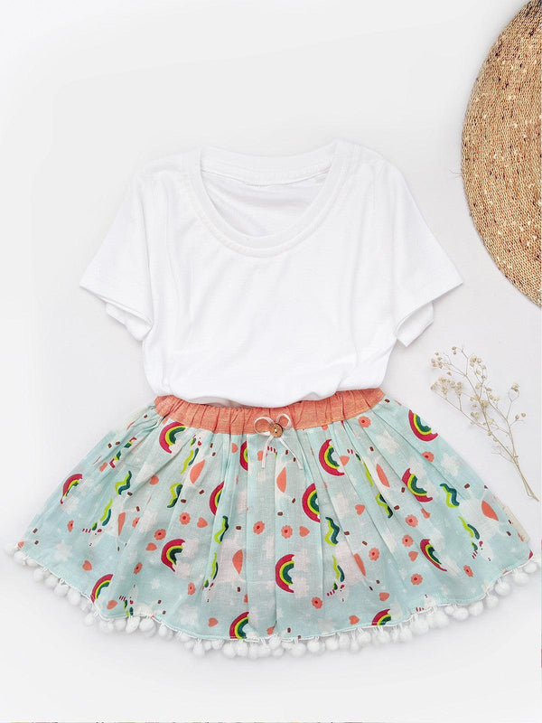 Rainbow Printed Baby Girl Cotton Skirt With Bloomer and Pompom Lace - VJV Now