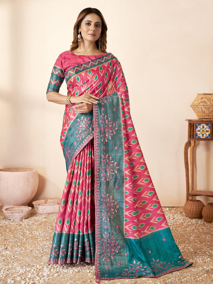 Rama And Pink Wovan Gajji silk Bandhani Printed Saree - VJV Now