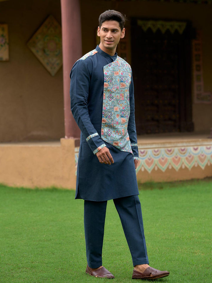 Rama Color Cotton fabric Floral Digital Printed Embroidery work kurta Set for men - VJV Now