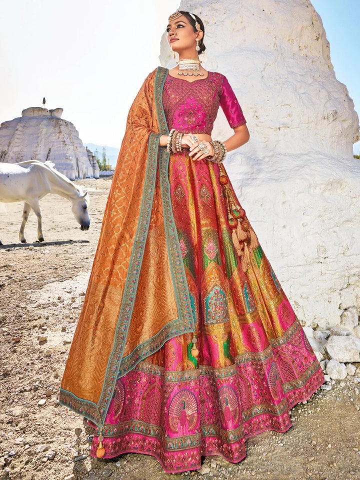 Rani Pink And Yellow Banarasi Art Silk Jacquard Umbrella Lehenga Coli Wedding Wear - VJV Now