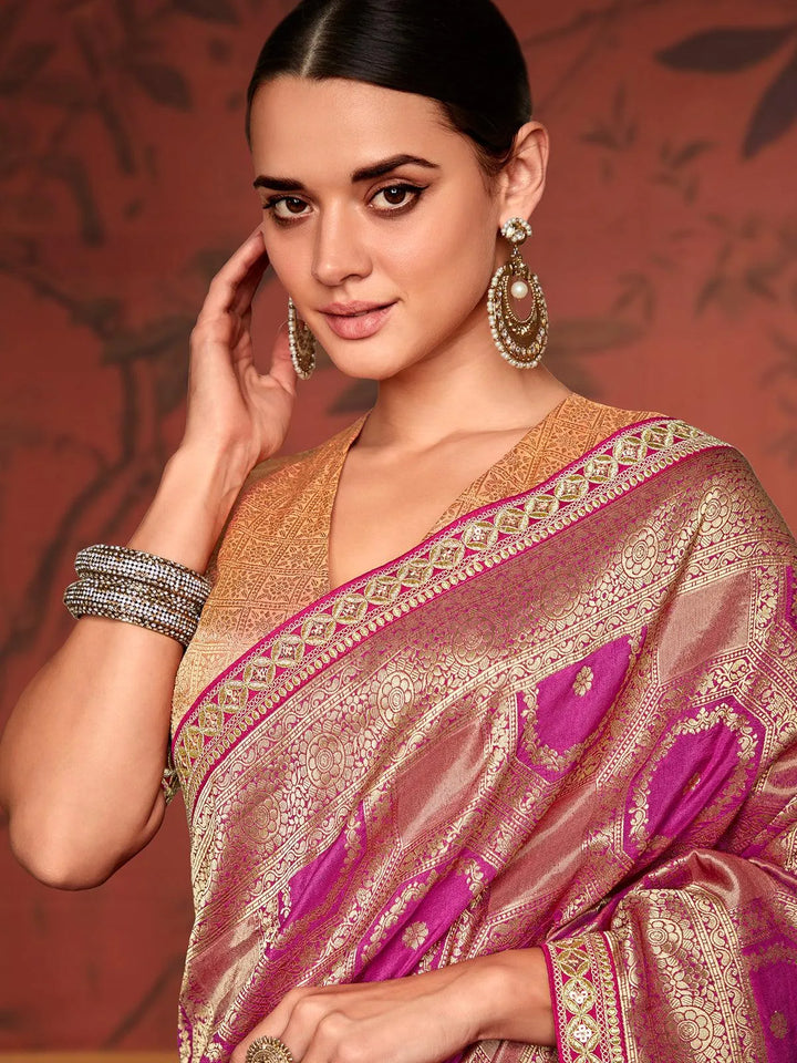 Rani Pink Art Silk Zari Work saree - VJV Now