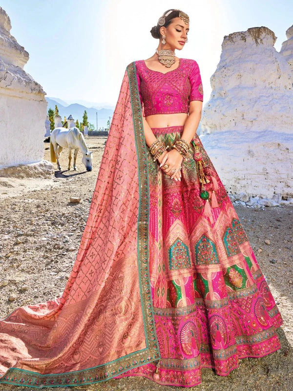 Rani Pink Banarasi Art Silk Jacquard Umbrella Lehenga Coli Wedding Wear - VJV Now