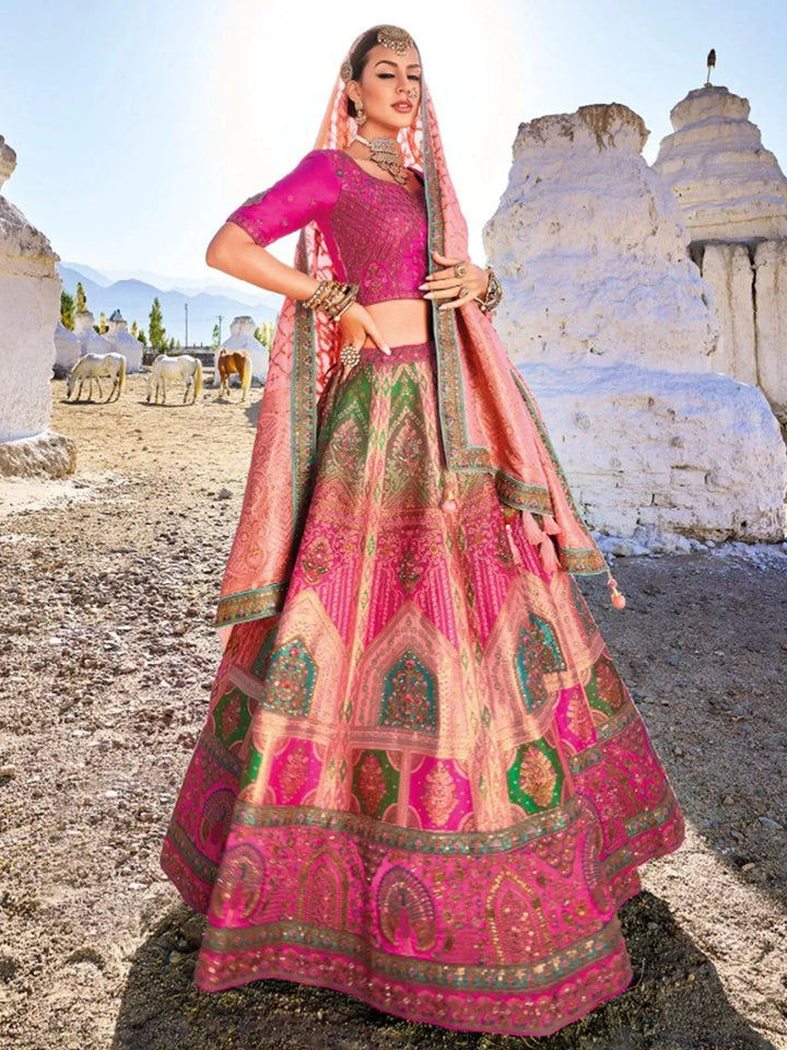 Rani Pink Banarasi Art Silk Jacquard Umbrella Lehenga Coli Wedding Wear - VJV Now