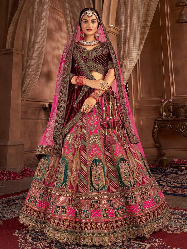 Rani Pink Velvet Heavy Hand Work Umbrella Lehenga Choli With Double Dupatta Wedding Wear - VJV Now