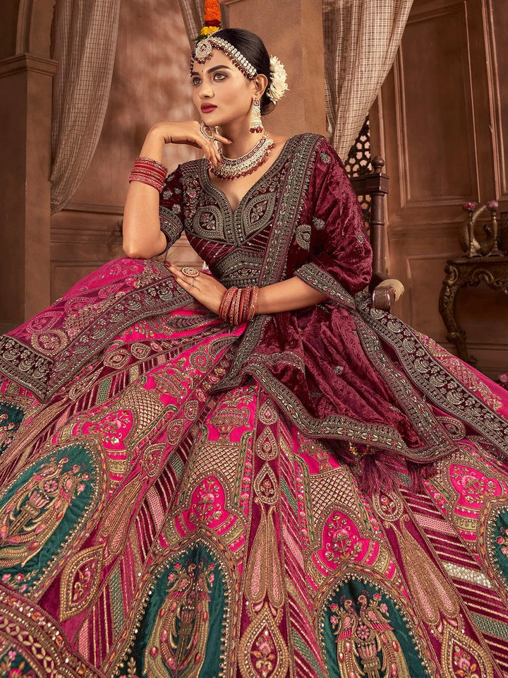 Rani Pink Velvet Heavy Hand Work Umbrella Lehenga Choli With Double Dupatta Wedding Wear - VJV Now