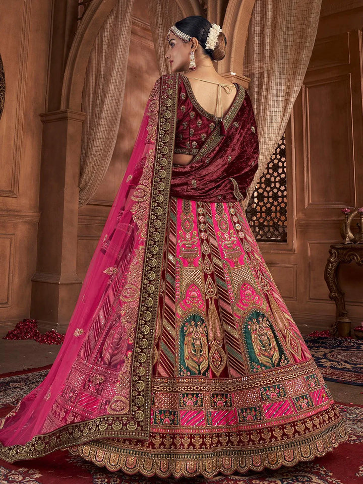 Rani Pink Velvet Heavy Hand Work Umbrella Lehenga Choli With Double Dupatta Wedding Wear - VJV Now