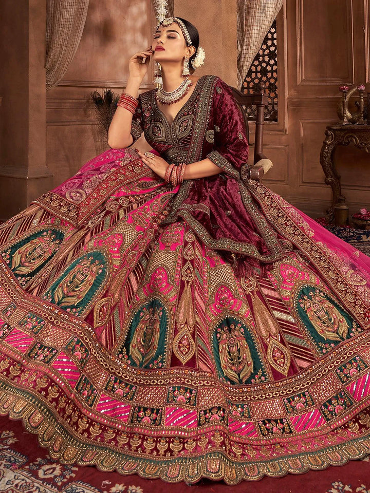 Rani Pink Velvet Heavy Hand Work Umbrella Lehenga Choli With Double Dupatta Wedding Wear - VJV Now