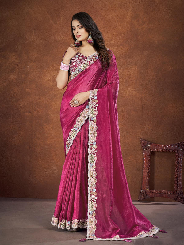 Rani Sequin Saree in Luxurious Banarasi Crush Silk for Parties wear - VJV Now