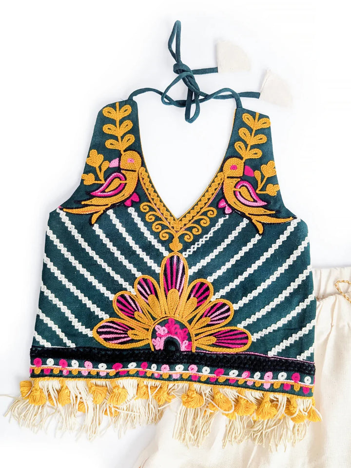 Pure Cotton Parrot Green Lehenga Choli Set with Embroidered Blouse & Ivory Bird Motif Lehenga – Festive