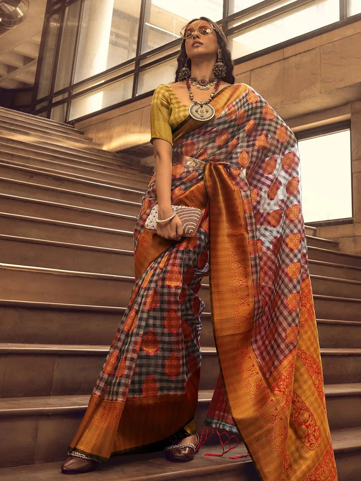 Red And Black Checks Design Handloom Silk Saree - VJV Now