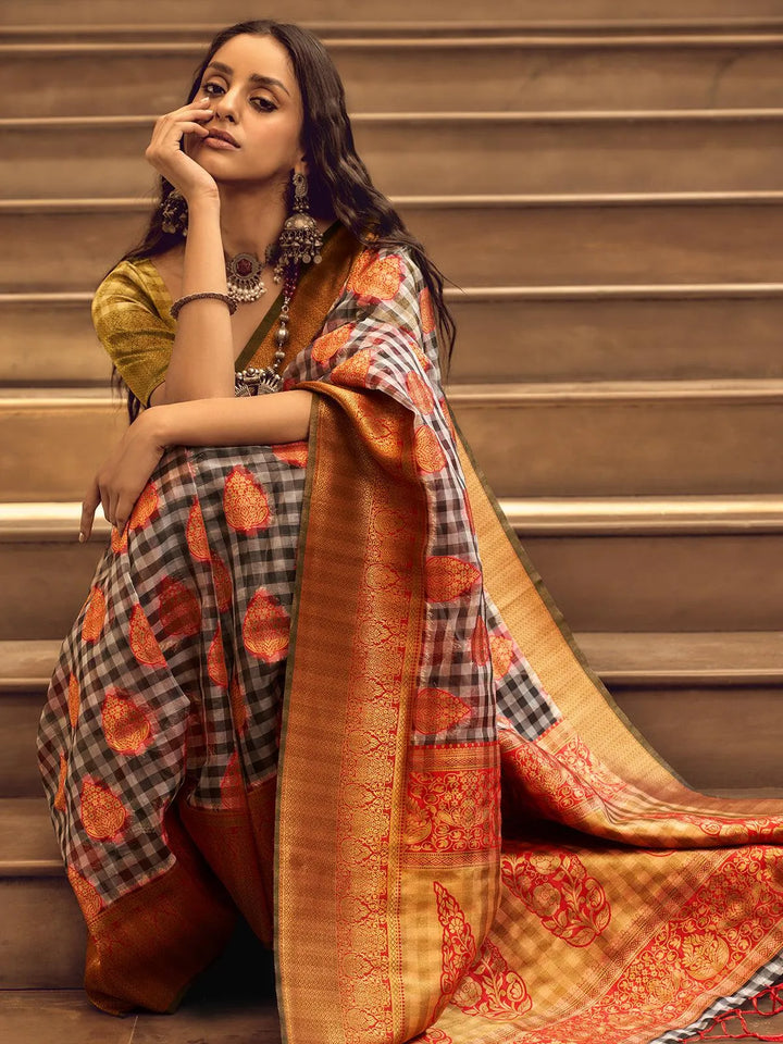 Red And Black Checks Design Handloom Silk Saree - VJV Now