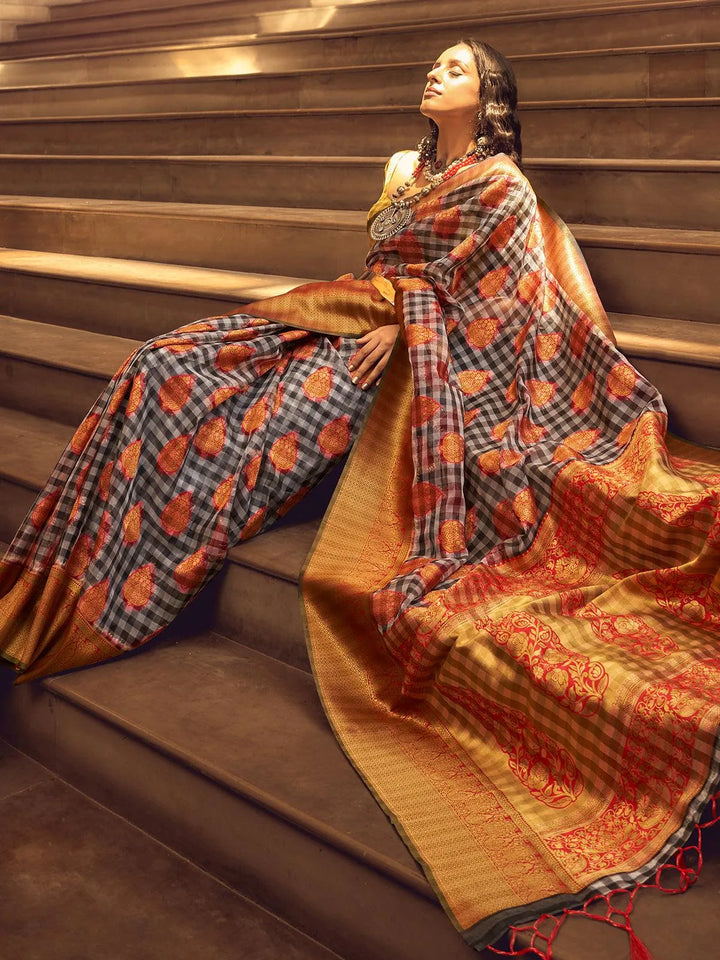 Red And Black Checks Design Handloom Silk Saree - VJV Now