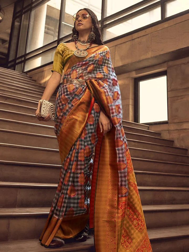 Red And Black Checks Design Handloom Silk Saree - VJV Now