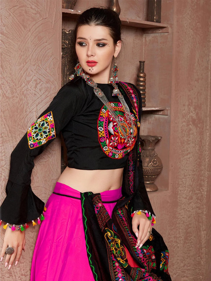 Red And Black Silk Mirror Work Navratri Lehenga Choli - VJV Now