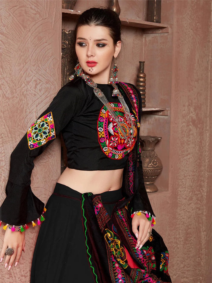 Red And Black Silk Mirror Work Navratri Lehenga Choli - VJV Now