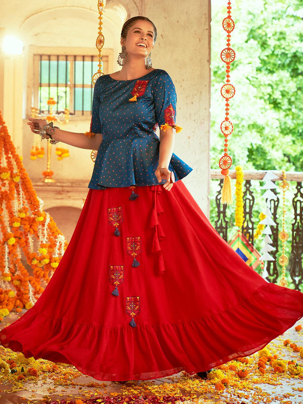 Red Art Silk Embroidered Work Navratri Crop-Top Skirt - VJV Now