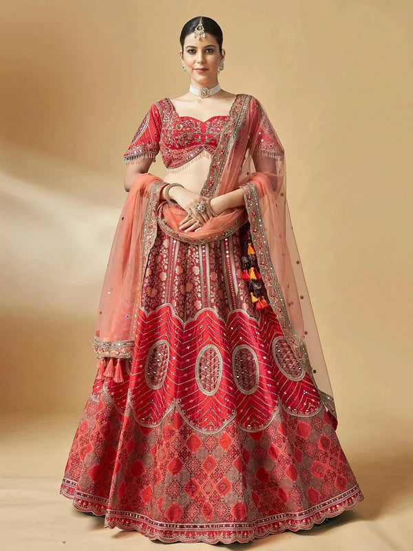 Red Art Silk Hand Work With Embroidery Umbrella Lehenga Choli Wedding Wear - VJV Now