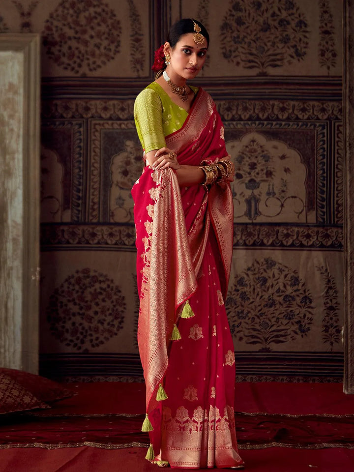 Red Banarasi Crepe Silk Zari Weaving Work Saree - VJV Now