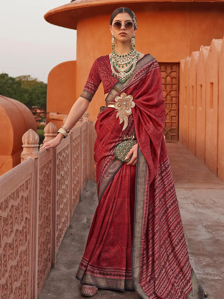 Red Color Printed Classic Silk Saree - VJV Now