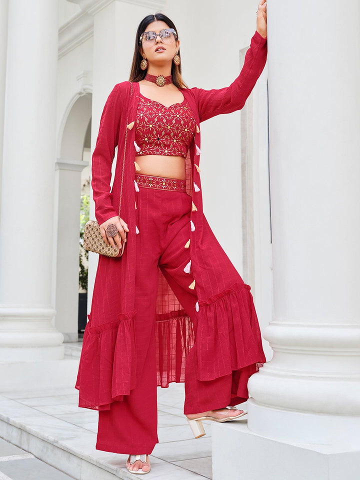 Red Designer Koti Style Embroidered Work with Mirror choli with Palazzo Set - VJV Now
