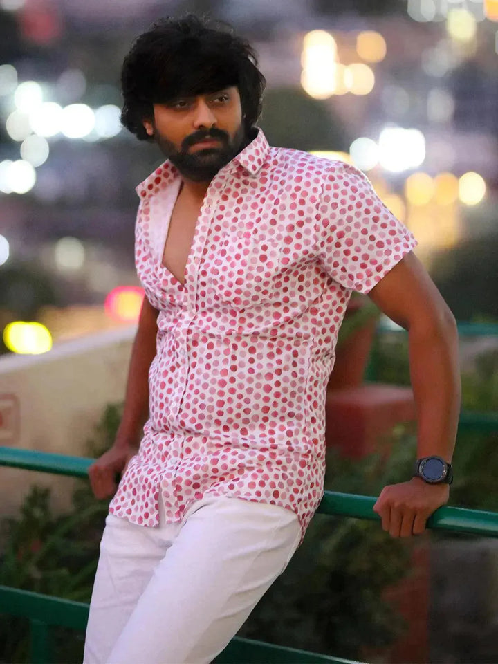 Red Dotted Design White Color Printed Party Wear Mens Shirt VJV