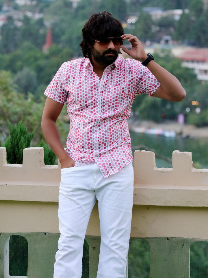 Red Dotted Design White Color Printed Party Wear Mens Shirt - VJV Now