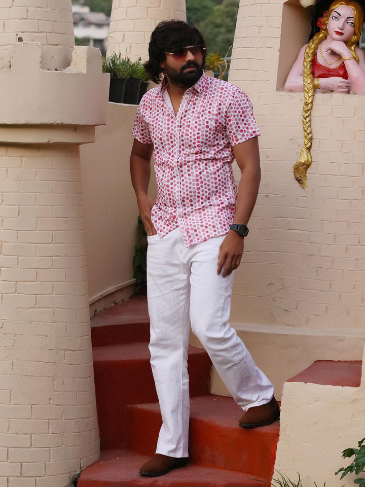 Red Dotted Design White Color Printed Party Wear Mens Shirt - VJV Now