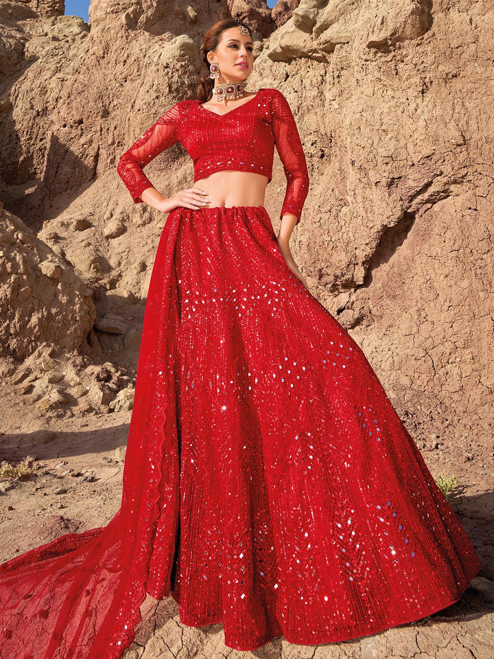 Red Heavy Net Embroidered and Sequins Work Umberalla Lehenga Choli Designer Wear - VJV Now
