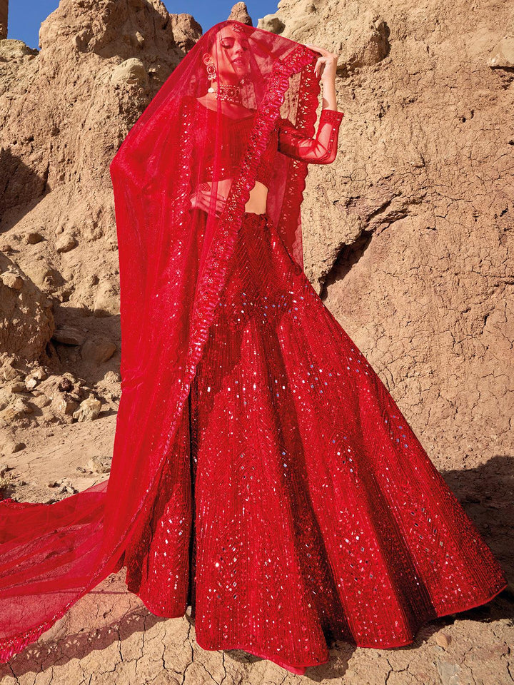 Red Heavy Net Embroidered and Sequins Work Umberalla Lehenga Choli Designer Wear - VJV Now
