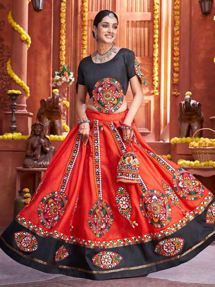 Red Silk Embroidered Navratri Lehenga - VJV Now