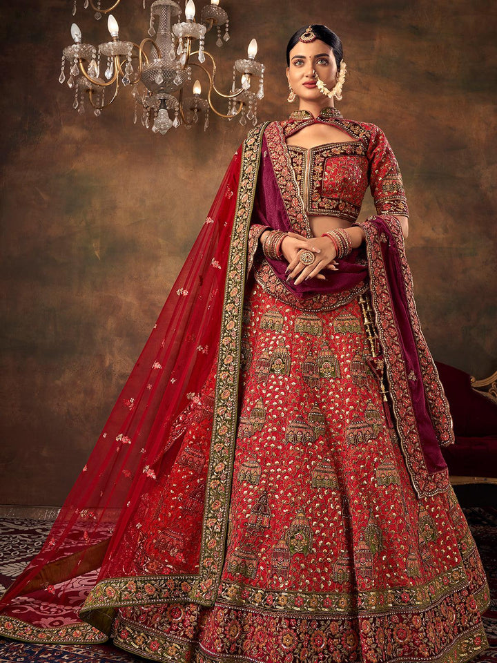 Red Silk Heavy Embroidered Umbrella Lehenga Choli With Double Dupatta Wedding Wear - VJV Now