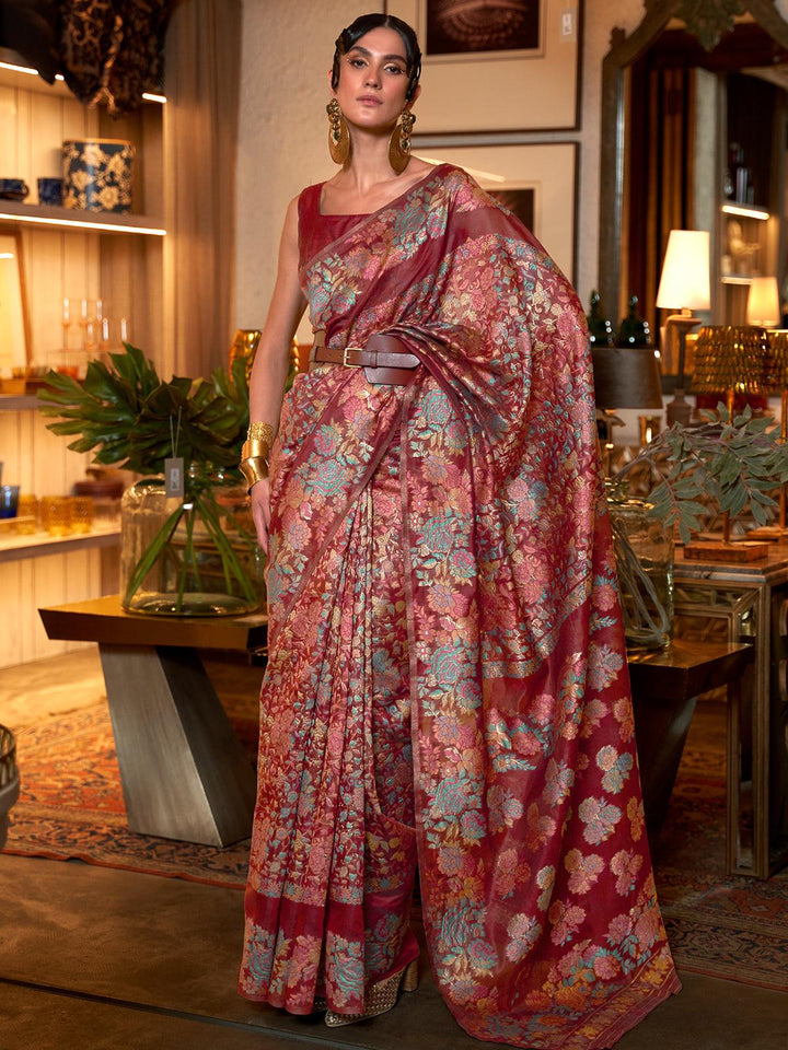 Red Woven Art Silk Saree With Floral Motifs - VJV Now