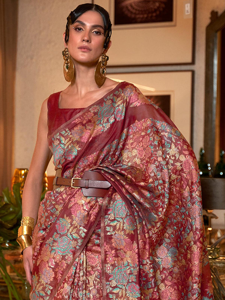 Red Woven Art Silk Saree With Floral Motifs - VJV Now
