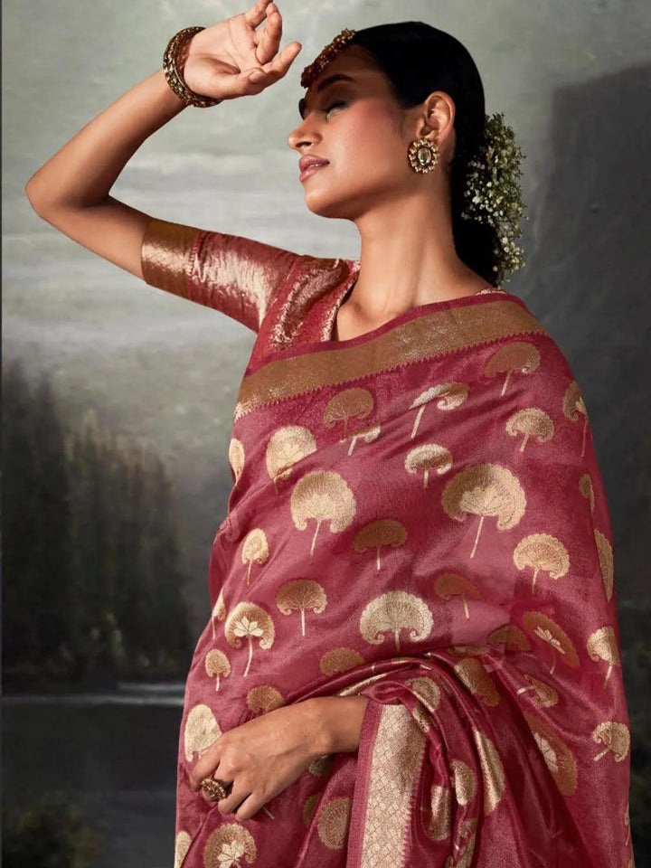 Red Zari Weaving Banarasi Organza Silk Saree - VJV Now