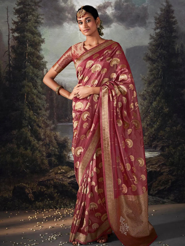 Red Zari Weaving Banarasi Organza Silk Saree - VJV Now