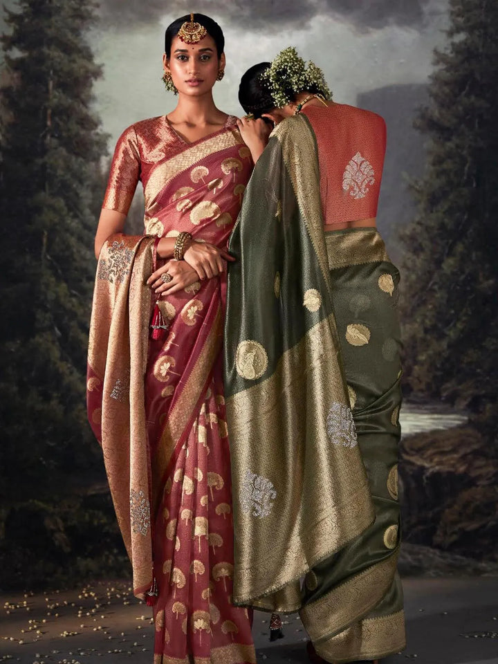 Red Zari Weaving Banarasi Organza Silk Saree - VJV Now