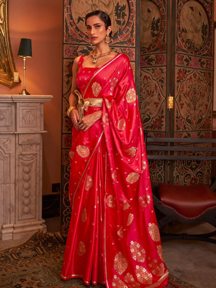 Red Zari Woven Satin Silk Saree - VJV Now