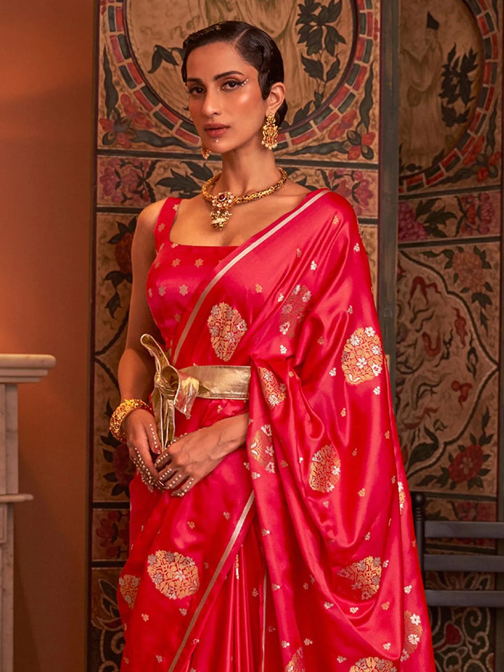 Red Zari Woven Satin Silk Saree - VJV Now