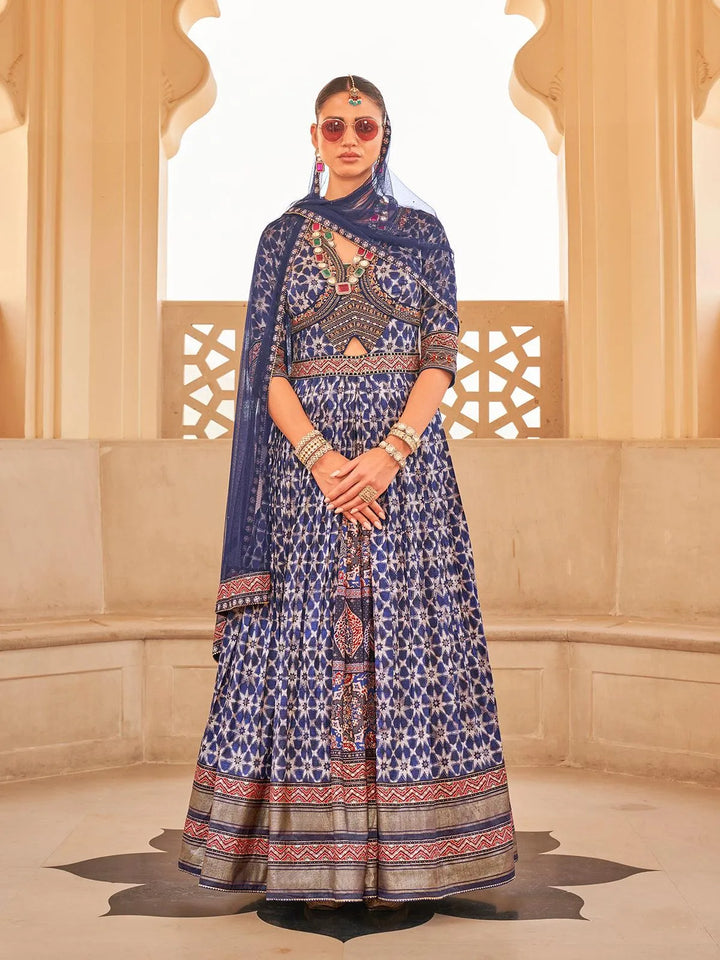 Royal Blue Patola Silk Anarkali Gown choli Suit With Net Dupatta for weeding & Party Reception - VJV Now