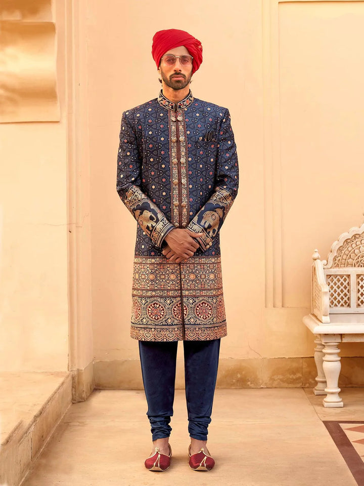 Royal Blue Silk Indo-wester Kurta Sherwani Set For Weeding & Festive Wear - VJV Now