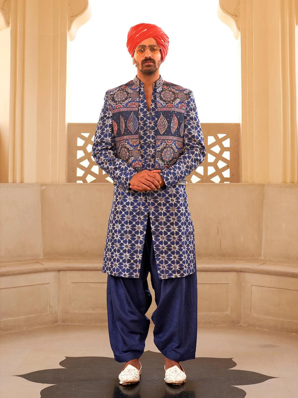 Royal Blue Silk Men's Indo-wester Koti & Sherwani Suit For Weeding & Party Reception - VJV Now