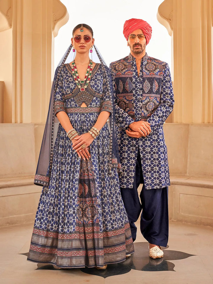 Royal Blue Silk Men's Indo-wester Koti & Sherwani Suit For Weeding & Party Reception - VJV Now