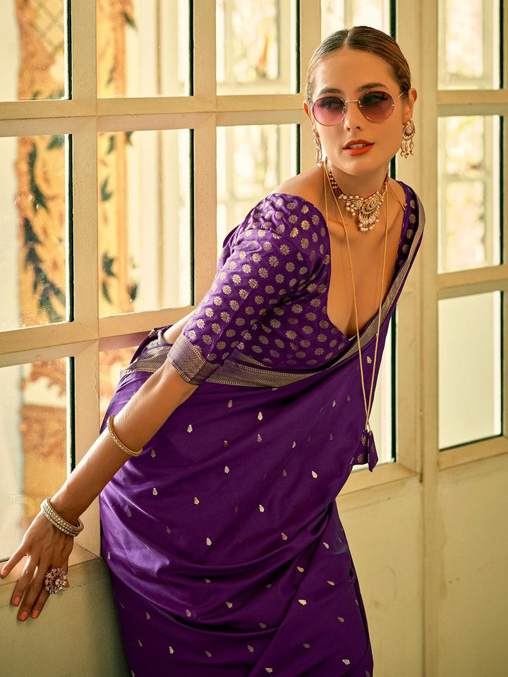 Royal Purple Woven Satin Silk Festive wear Saree - VJV Now