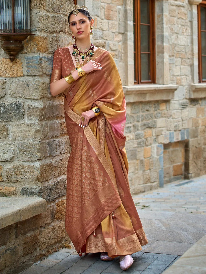 Rust Orange Art Silk Zari Work Saree Designer Wear - VJV Now