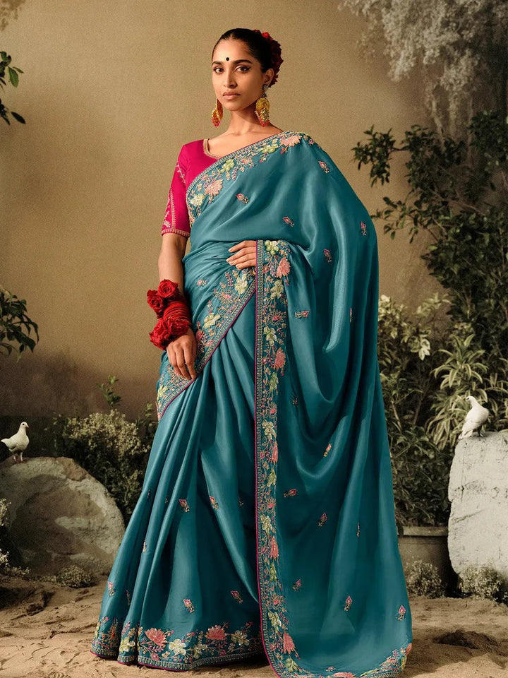 Sea Blue Dola Silk Embroidered Hand Work Saree Party Wear - VJV Now