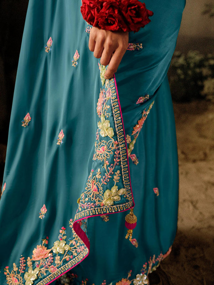 Sea Blue Dola Silk Embroidered Hand Work Saree Party Wear - VJV Now