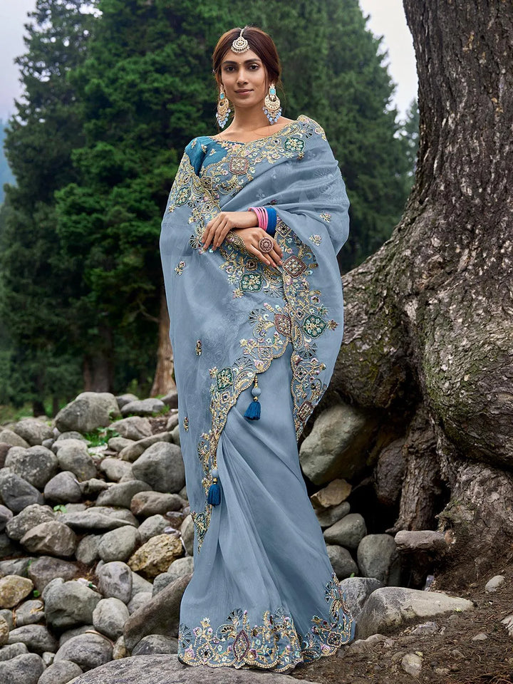 Sea Blue Heavy Embroidered Work Designer Wear Saree - VJV Now