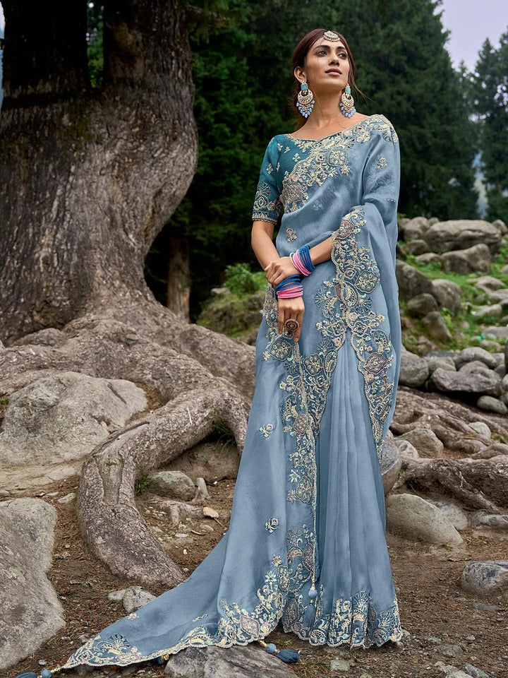 Sea Blue Heavy Embroidered Work Designer Wear Saree - VJV Now