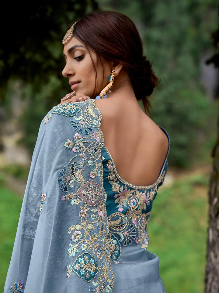 Sea Blue Heavy Embroidered Work Designer Wear Saree - VJV Now